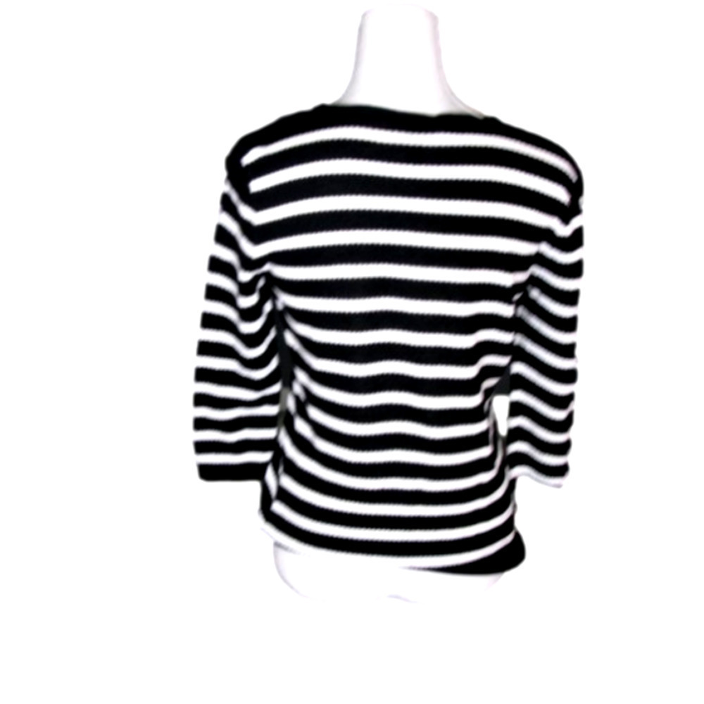 LAUREN Ralph Lauren Black/White Stripe Linen 3/4 Sleeve Top Size M - Picture 4 of 5